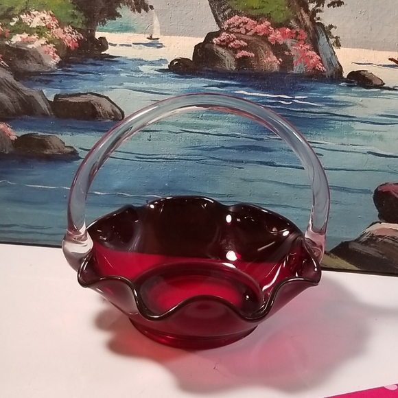 Vintage Ruby Red and crystal Glass Basket w/handl - Picture 7 of 8